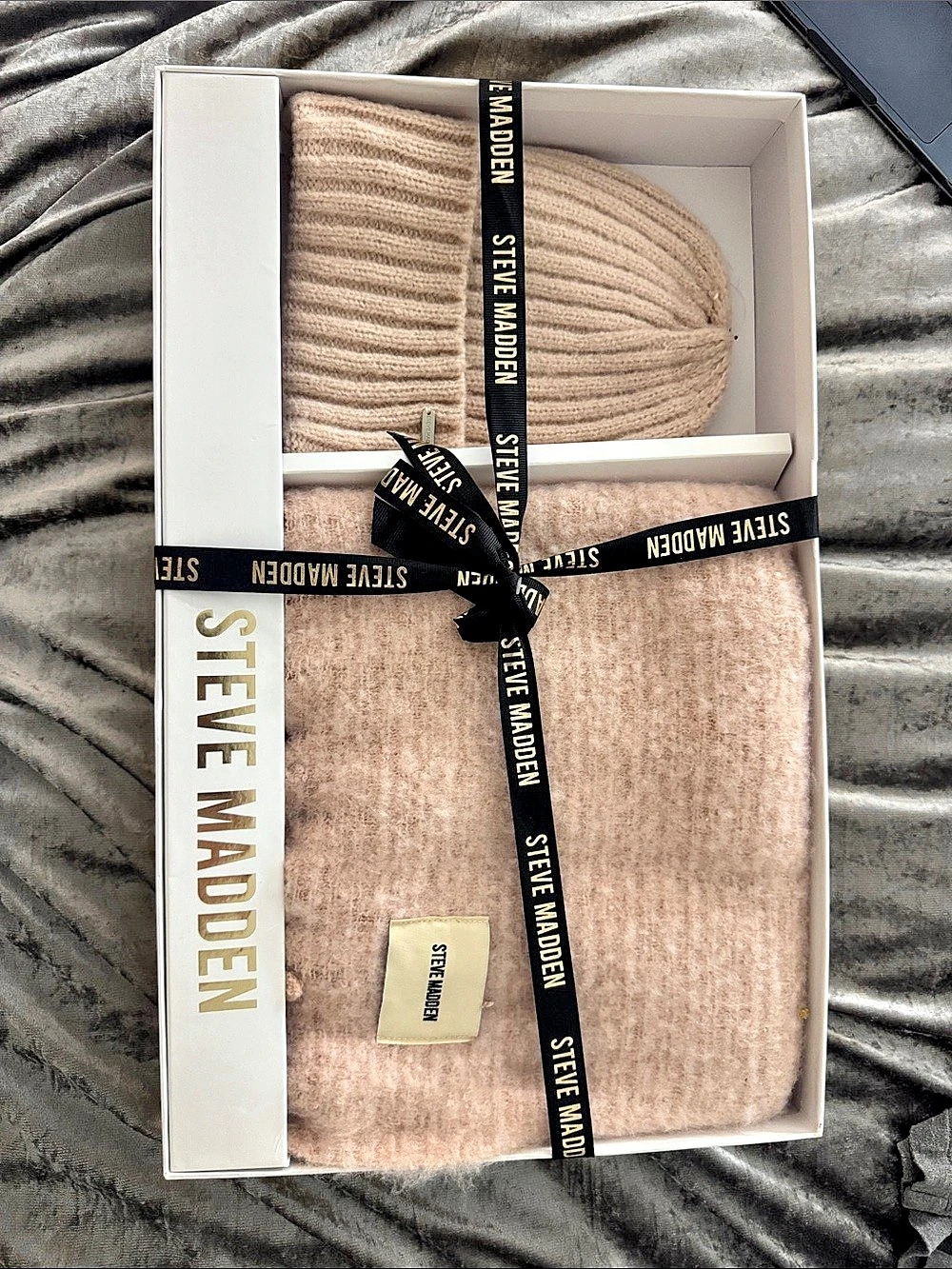 Steve Madden Women's Embellished Beanie and Knit Scarf Holiday Gift Set